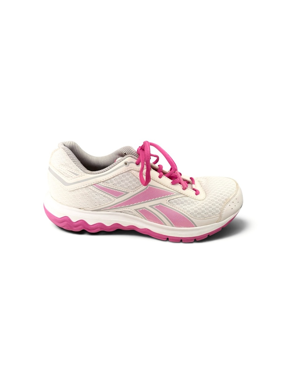 Pink and white Reebok running sneaker, 8.5